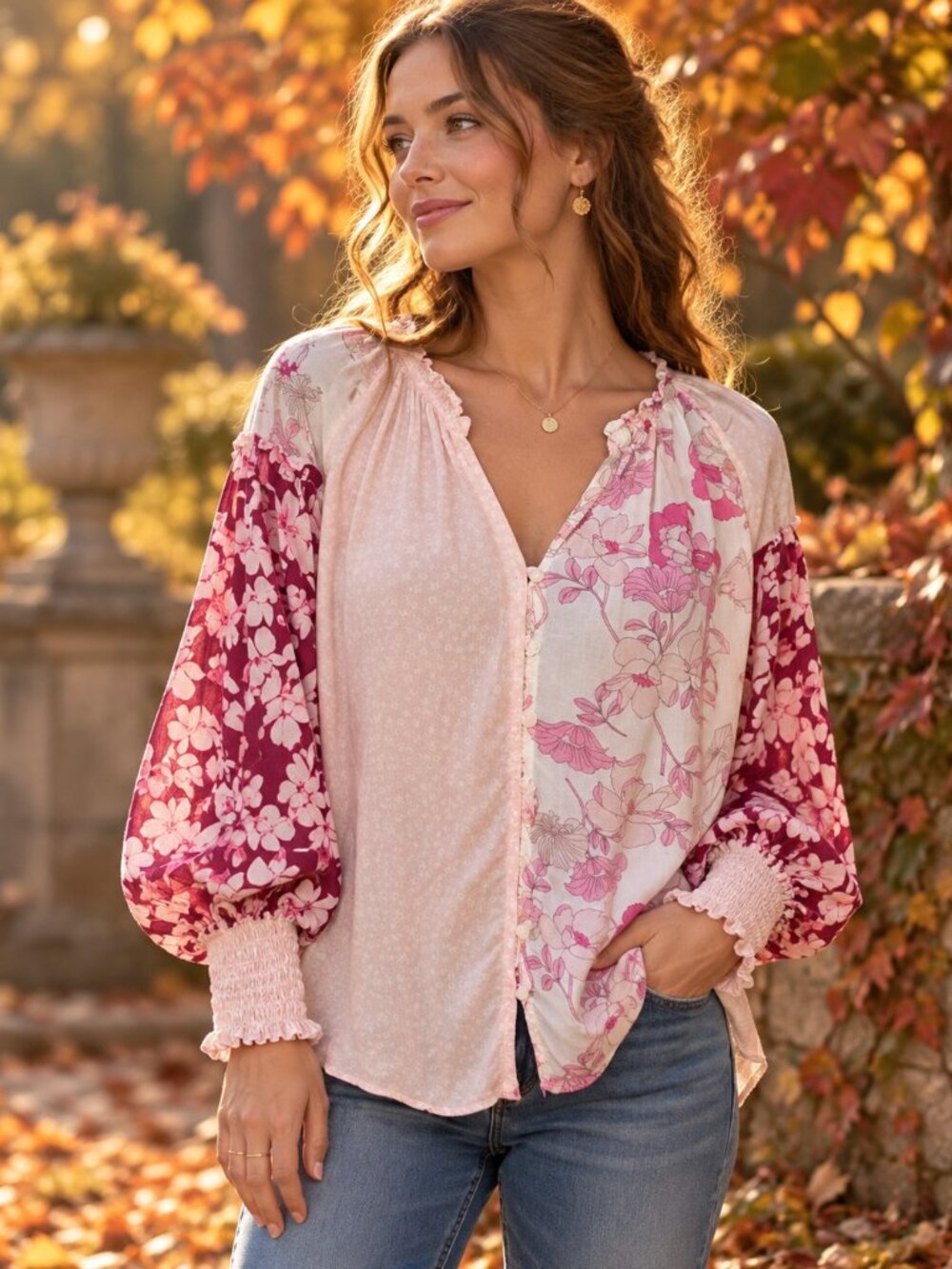 Mixed Floral Patchwork Boho Peasant Blouse XL Pink Smocked Balloon Sleeve EUC